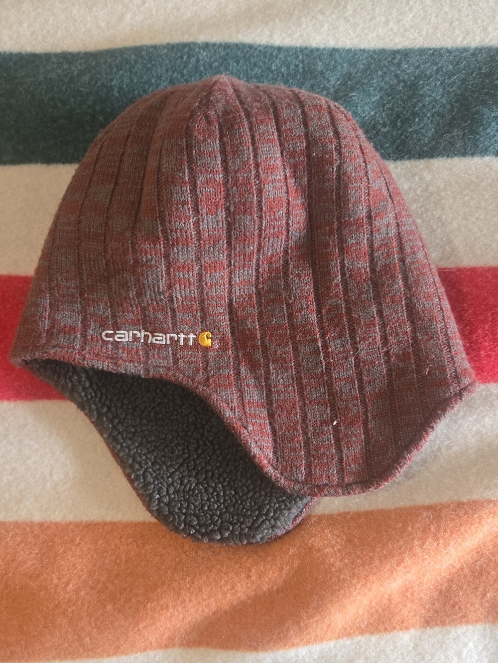 Carhartt Earflap Ribbed Fleece Lined Beanie in Maroon and Gray